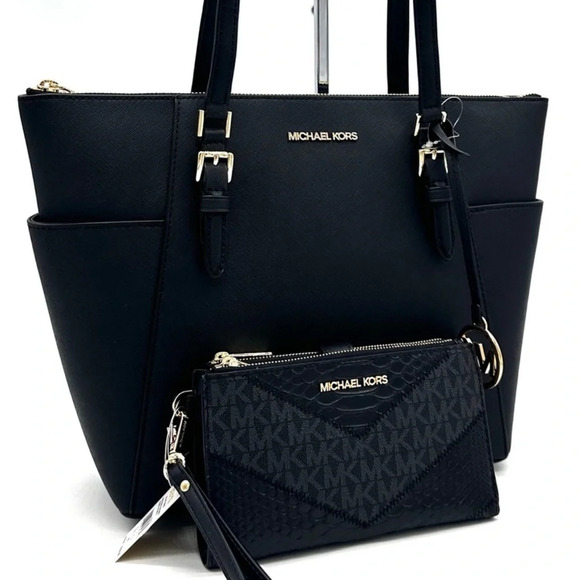 Michael Kors Large Charlotte Tote Bag & Large Double Zip Wallet Black (NWT) - Picture 1 of 13
